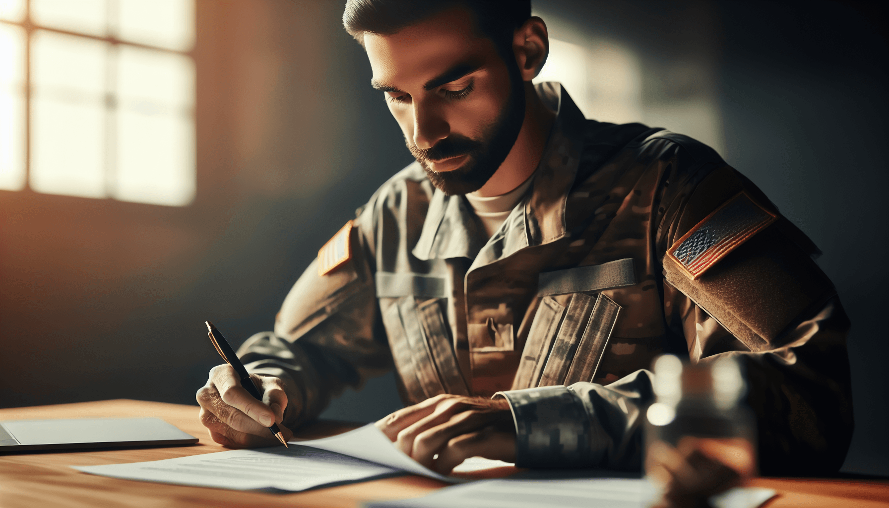 Veteran sitting at a desk reviewing VA disability claim documents and military service records