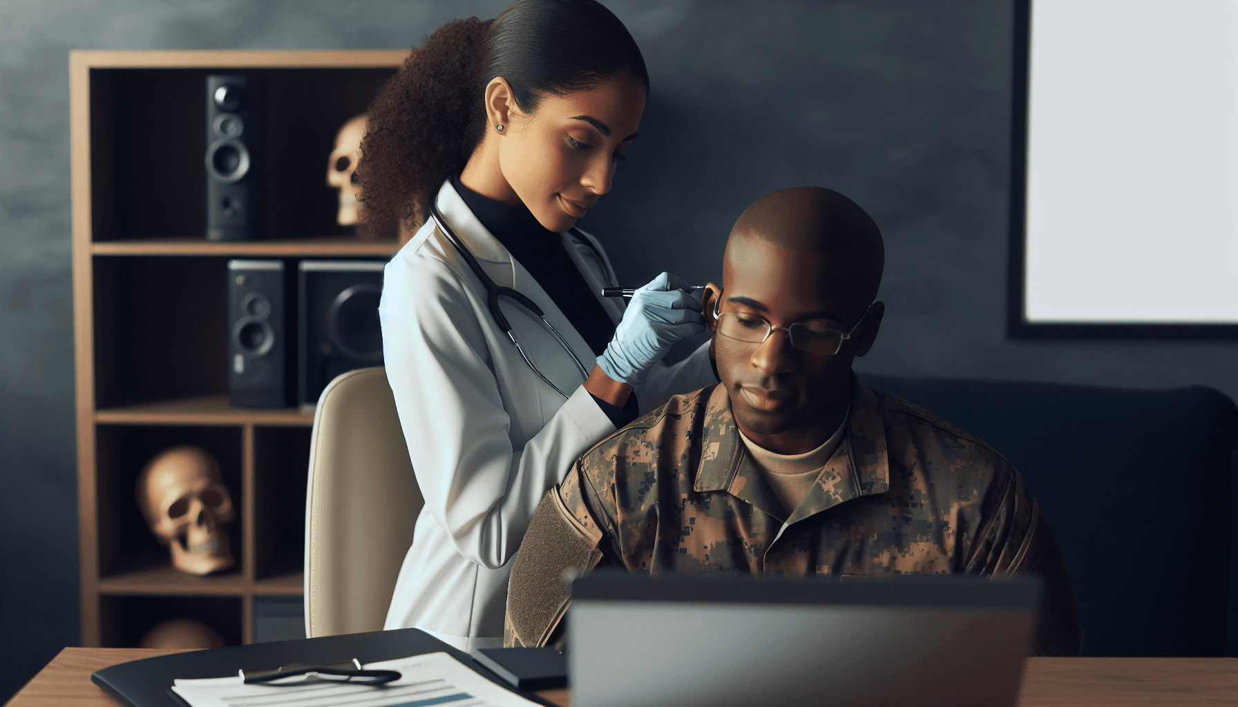 A veteran sitting with an audiologist reviewing hearing test results in a medical office
