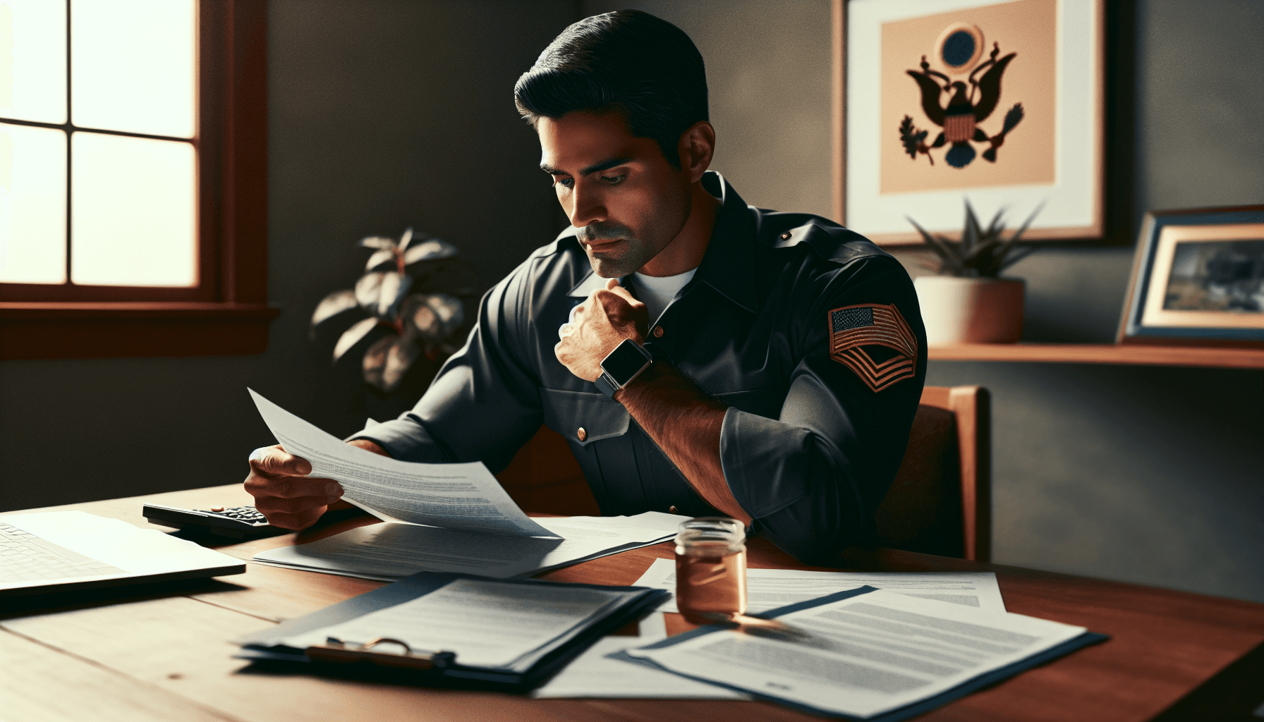 A veteran sitting at a desk reviewing VA disability claim documents