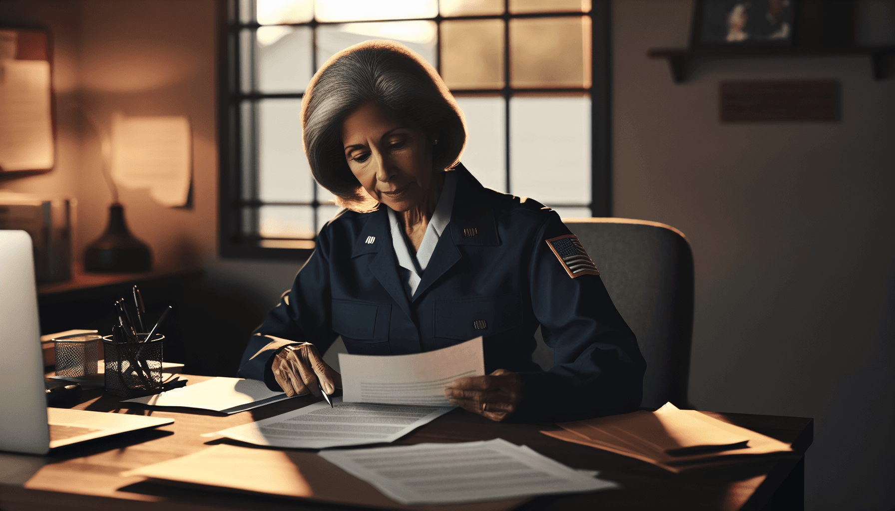 A veteran sitting at a desk reviewing VA disability paperwork and medical records