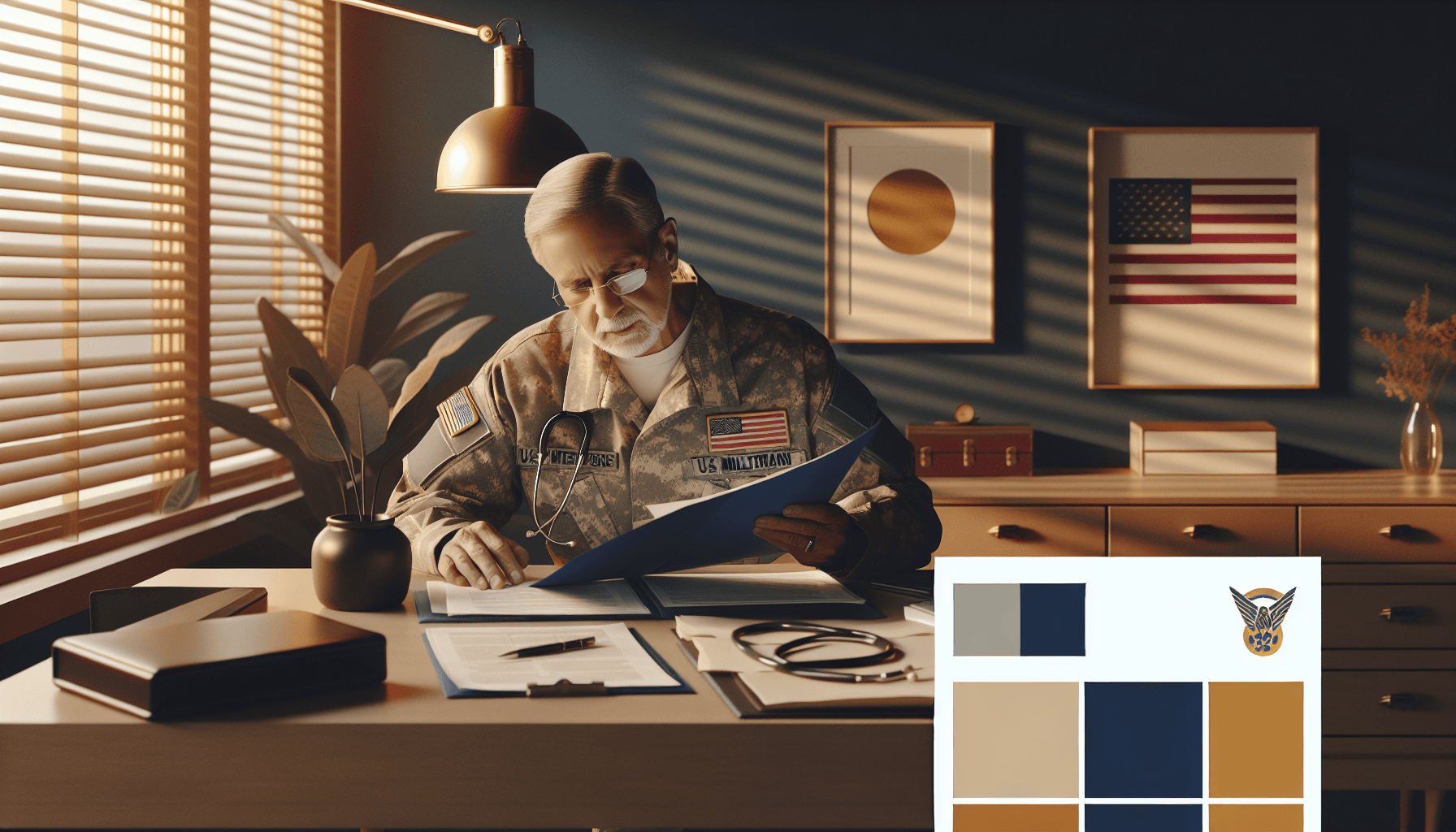 A veteran sitting at a desk reviewing medical documents and service records for a VA disability claim