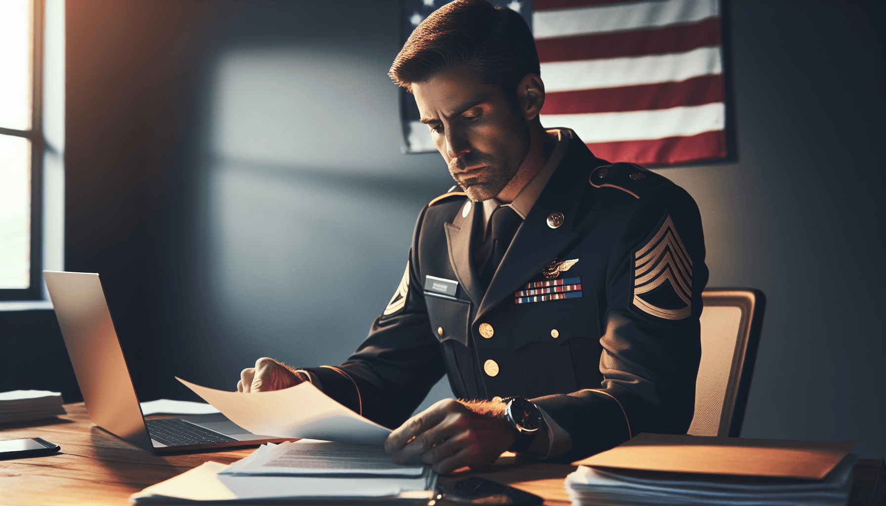 A veteran sitting at a desk reviewing VA medical documents and disability claim paperwork