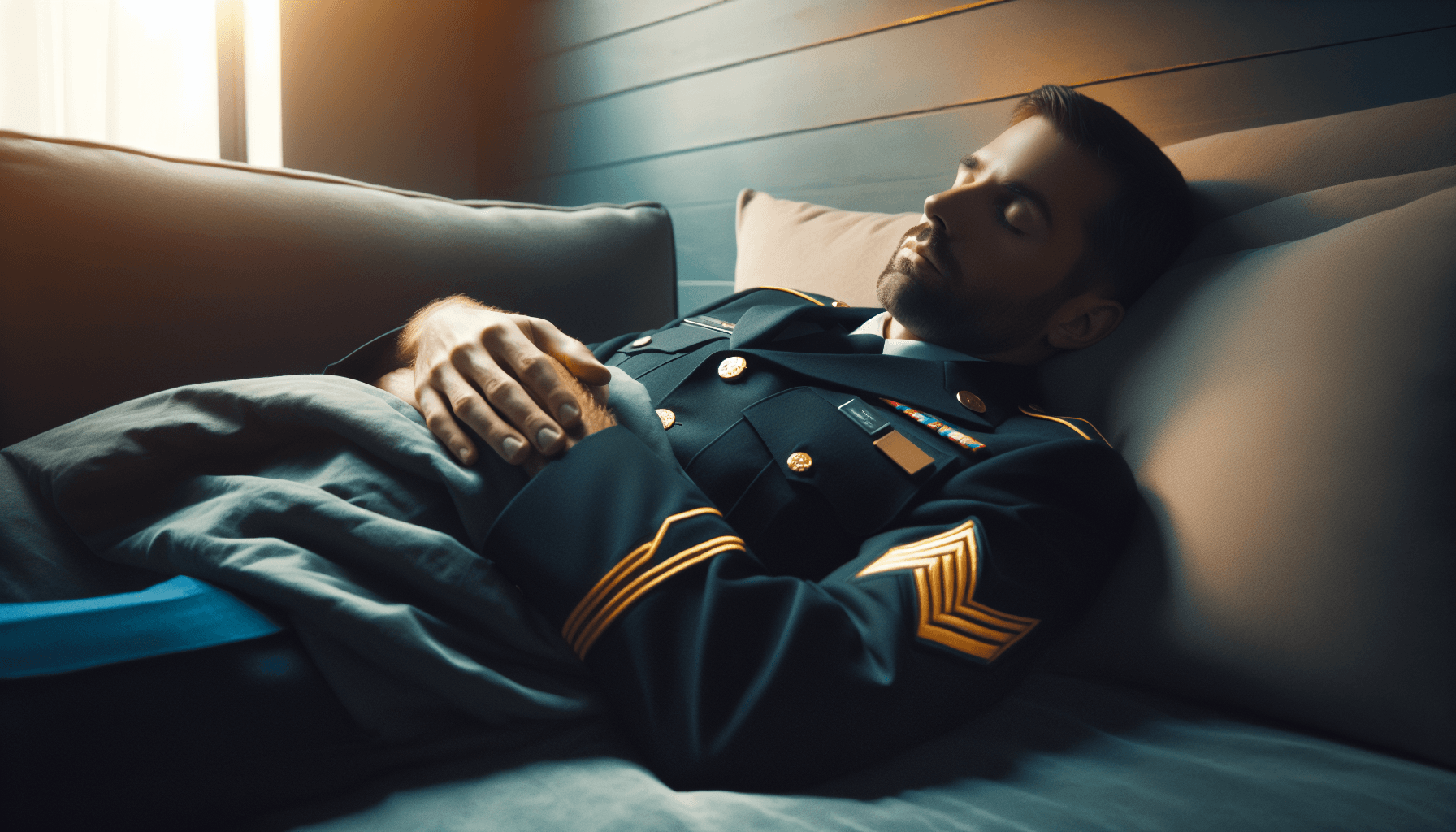 A veteran sitting at a kitchen table looking fatigued, with medical documents and a CPAP machine nearby