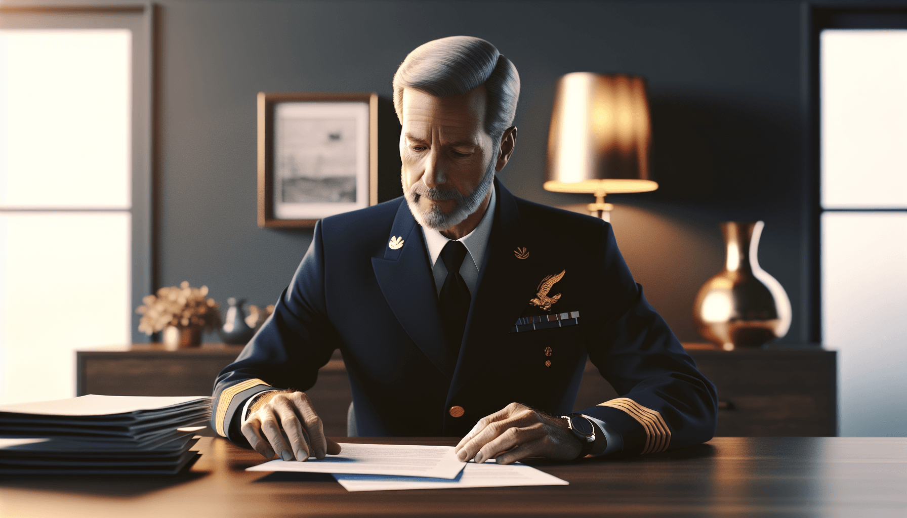 A veteran sitting at a desk reviewing VA claim documents and paperwork