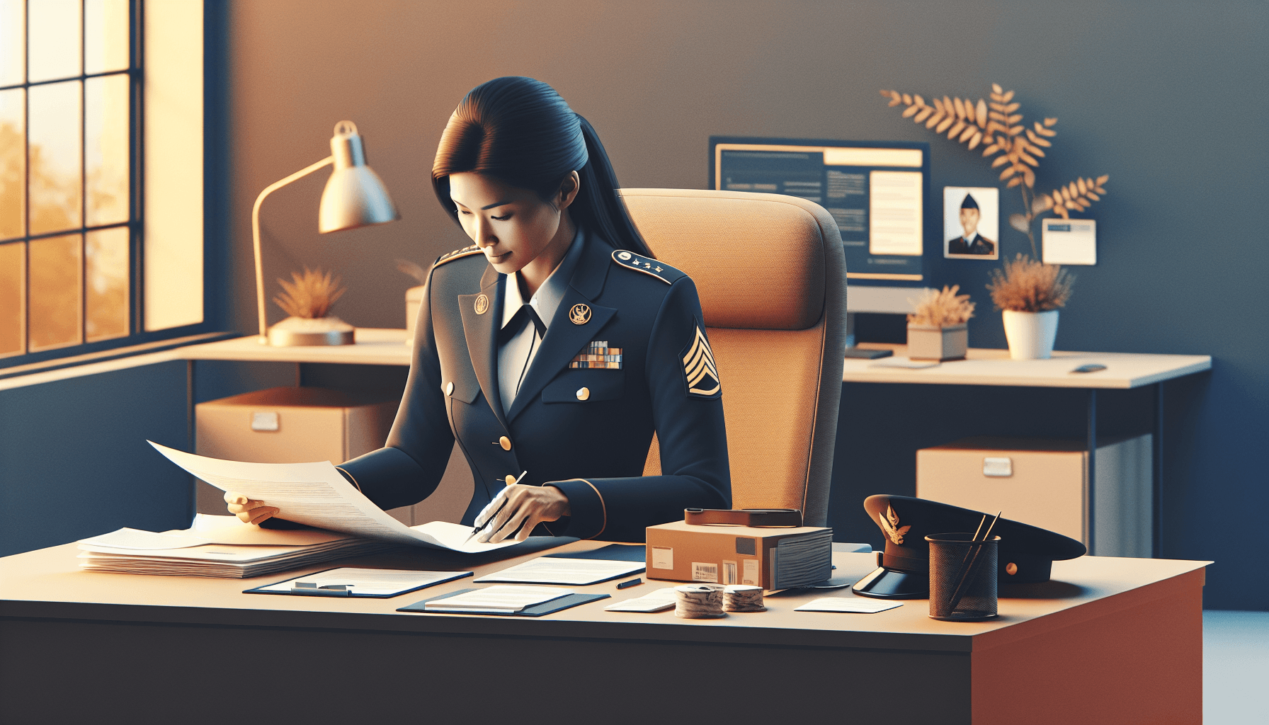 Veteran sitting at a desk reviewing VA claim documents and medical records